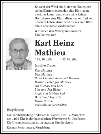 Traueranzeige von Karl Heinz Mathieu von saarbruecker_zeitung