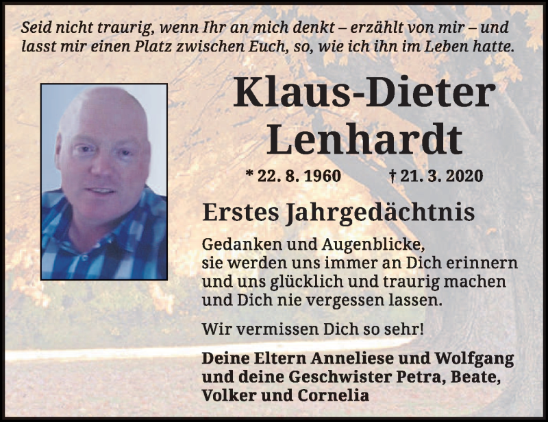  Traueranzeige für Klaus-Dieter Lenhardt vom 22.03.2021 aus saarbruecker_zeitung