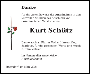 Traueranzeige von Kurt Schütz von saarbruecker_zeitung