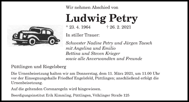  Traueranzeige für Ludwig Petry vom 06.03.2021 aus saarbruecker_zeitung