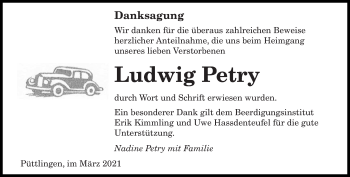 Traueranzeige von Ludwig Petry von saarbruecker_zeitung