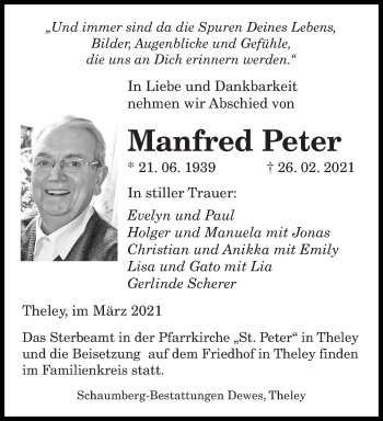 Traueranzeige von Manfred Peter von saarbruecker_zeitung