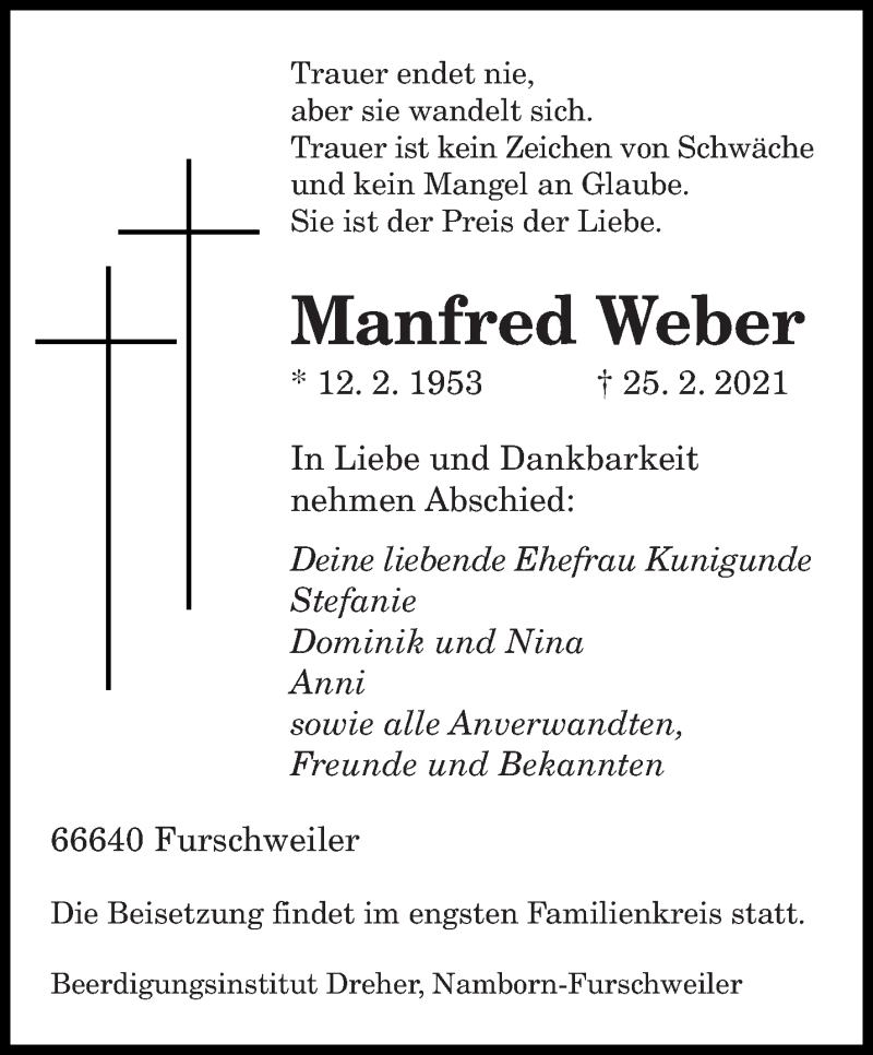  Traueranzeige für Manfred Weber vom 04.03.2021 aus saarbruecker_zeitung