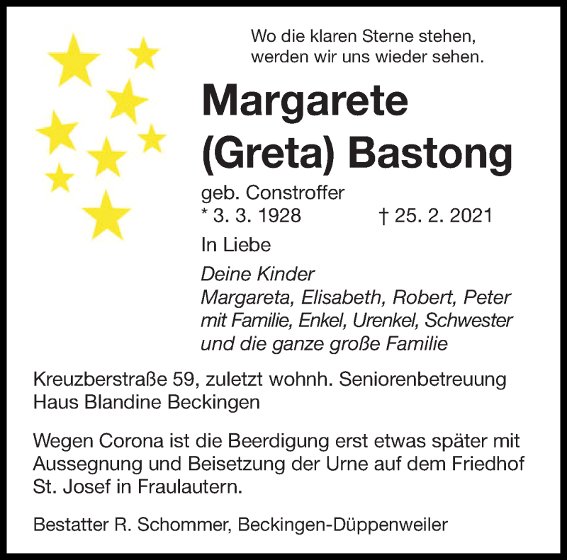  Traueranzeige für Margarete Bastong vom 06.03.2021 aus saarbruecker_zeitung