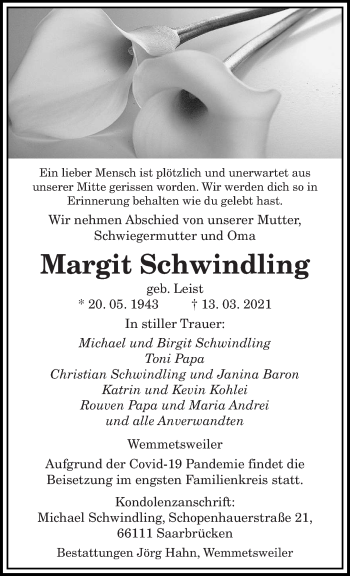 Traueranzeige von Margit Schwindling von saarbruecker_zeitung