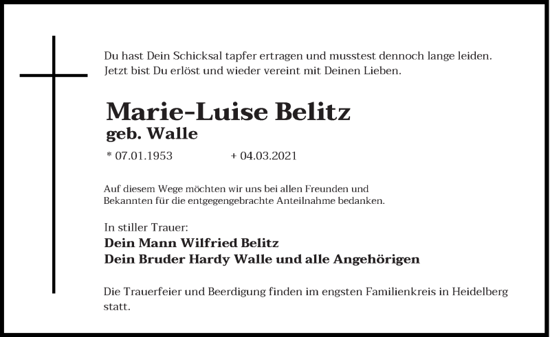  Traueranzeige für Marie-Luise Belitz vom 13.03.2021 aus saarbruecker_zeitung