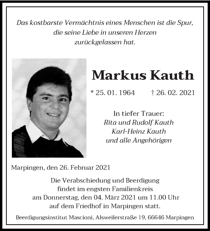  Traueranzeige für Markus Kauth vom 02.03.2021 aus saarbruecker_zeitung