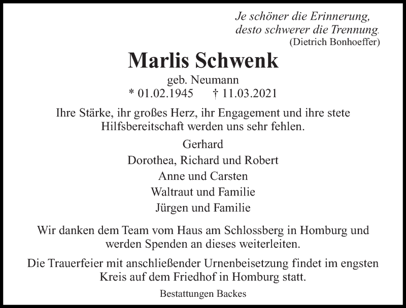  Traueranzeige für Marlis Schwenk vom 17.03.2021 aus saarbruecker_zeitung