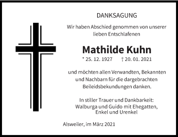 Traueranzeige von Mathilde Kuhn von saarbruecker_zeitung