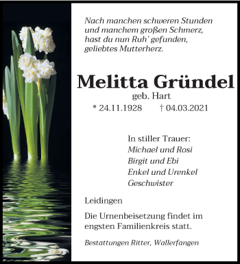 Traueranzeige von Melitta Gründel von saarbruecker_zeitung