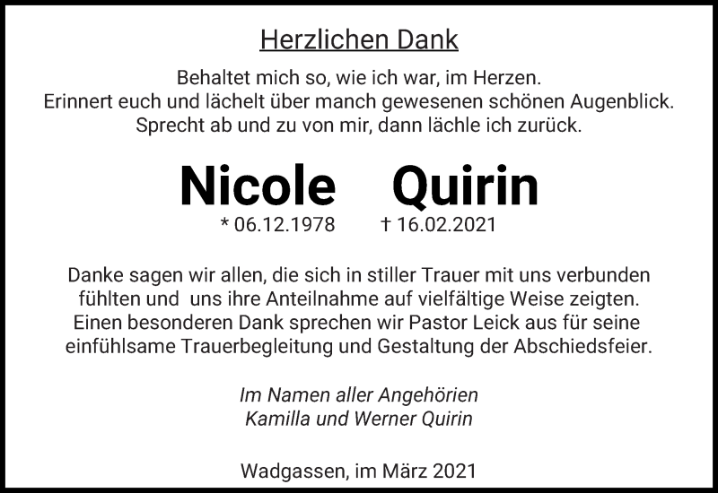  Traueranzeige für Nicole Quirin vom 20.03.2021 aus saarbruecker_zeitung