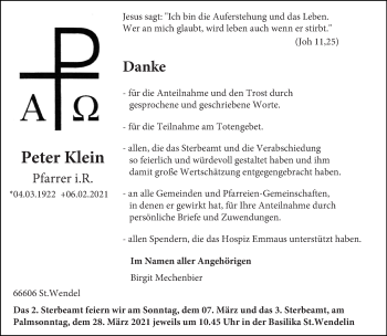Traueranzeige von Peter Klein von saarbruecker_zeitung