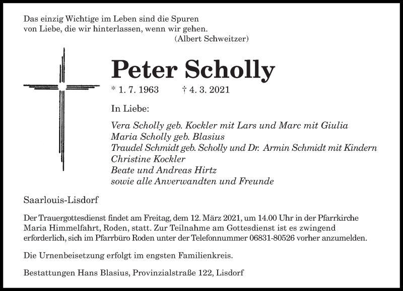 Traueranzeige für Peter Scholly vom 06.03.2021 aus saarbruecker_zeitung