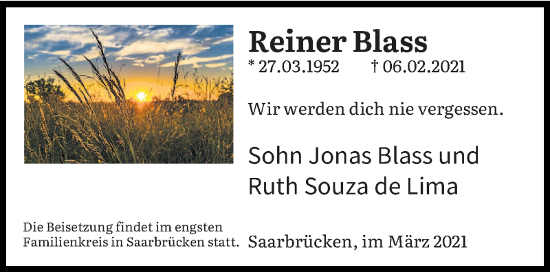  Traueranzeige für Reiner Blass vom 10.03.2021 aus saarbruecker_zeitung