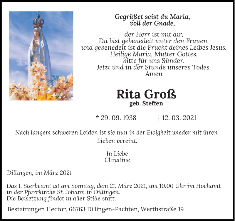  Traueranzeige für Rita Groß vom 20.03.2021 aus saarbruecker_zeitung
