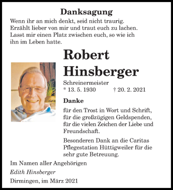 Traueranzeige von Robert Hinsberger von saarbruecker_zeitung