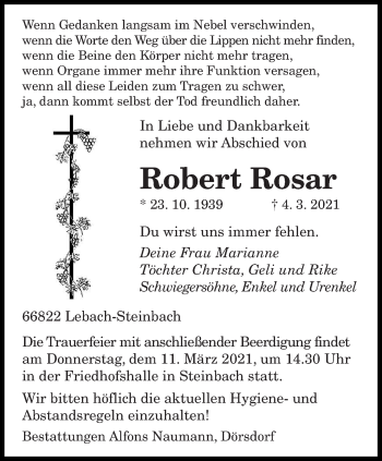 Traueranzeige von Robert Rosar von saarbruecker_zeitung