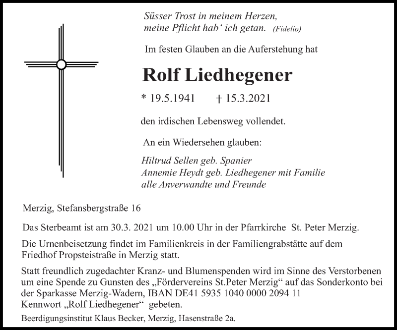  Traueranzeige für Rolf Liedhegener vom 26.03.2021 aus saarbruecker_zeitung