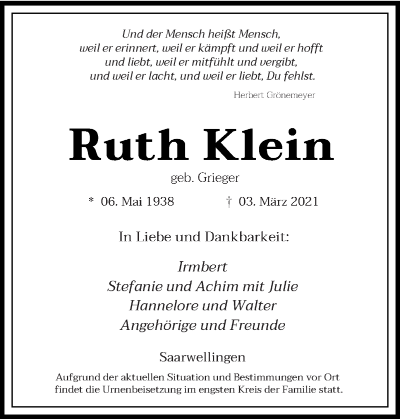  Traueranzeige für Ruth Klein vom 13.03.2021 aus saarbruecker_zeitung