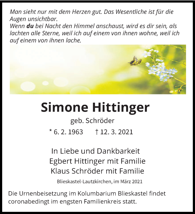  Traueranzeige für Simone Hittinger vom 20.03.2021 aus saarbruecker_zeitung