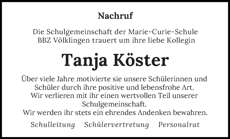  Traueranzeige für Tanja Köster vom 26.03.2021 aus saarbruecker_zeitung