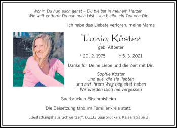 Traueranzeige von Tanja Köster von saarbruecker_zeitung