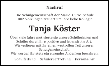 Traueranzeige von Tanja Köster von saarbruecker_zeitung