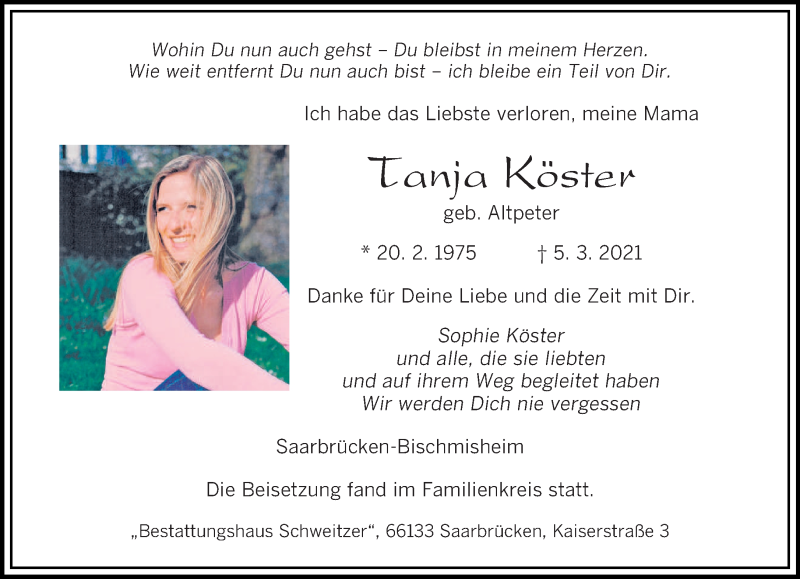  Traueranzeige für Tanja Köster vom 20.03.2021 aus saarbruecker_zeitung