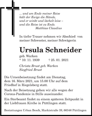 Traueranzeige von Ursula Schneider von saarbruecker_zeitung