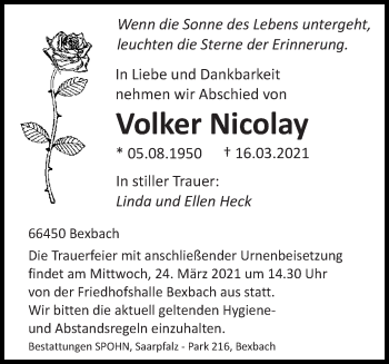 Traueranzeige von Volker Nicolay von saarbruecker_zeitung