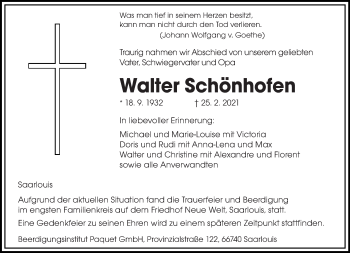 Traueranzeige von Walter Schönhofen von saarbruecker_zeitung