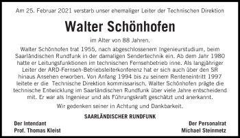 Traueranzeige von Walter Schönhofen von saarbruecker_zeitung