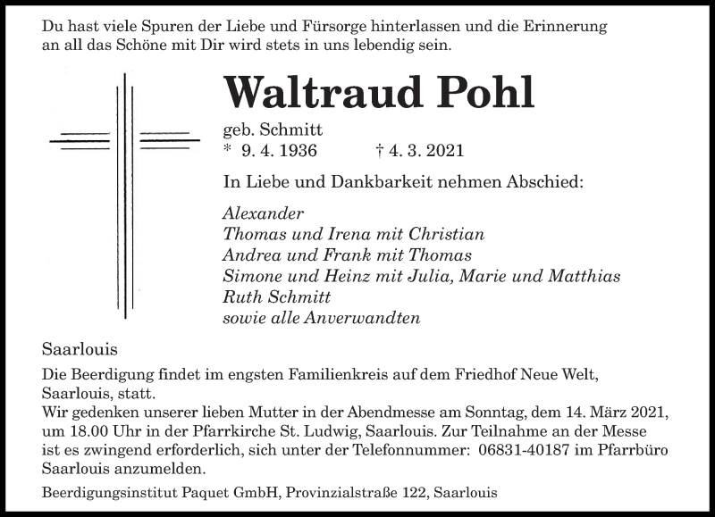  Traueranzeige für Waltraud Pohl vom 06.03.2021 aus saarbruecker_zeitung