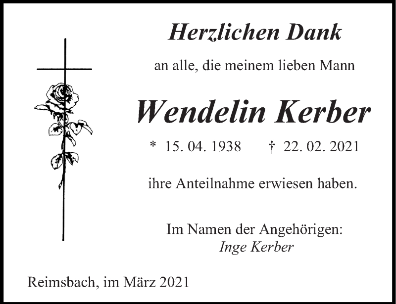  Traueranzeige für Wendelin Kerber vom 17.03.2021 aus saarbruecker_zeitung