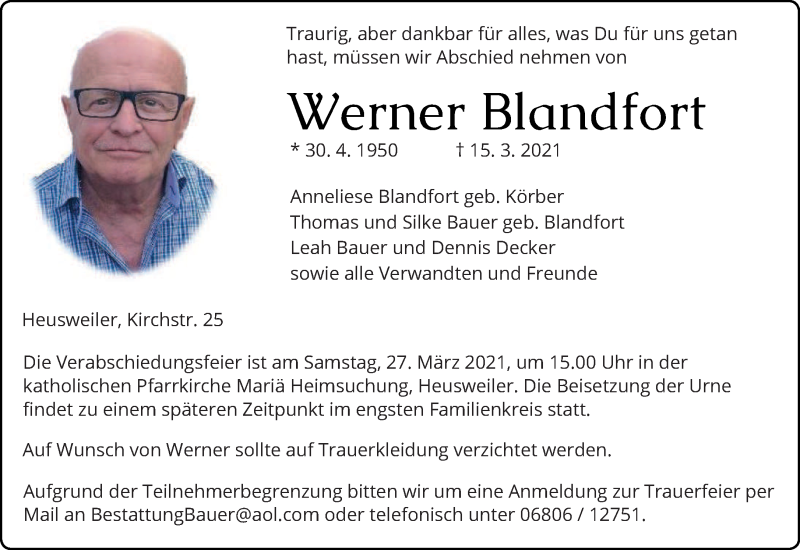  Traueranzeige für Werner Blandfort vom 19.03.2021 aus saarbruecker_zeitung