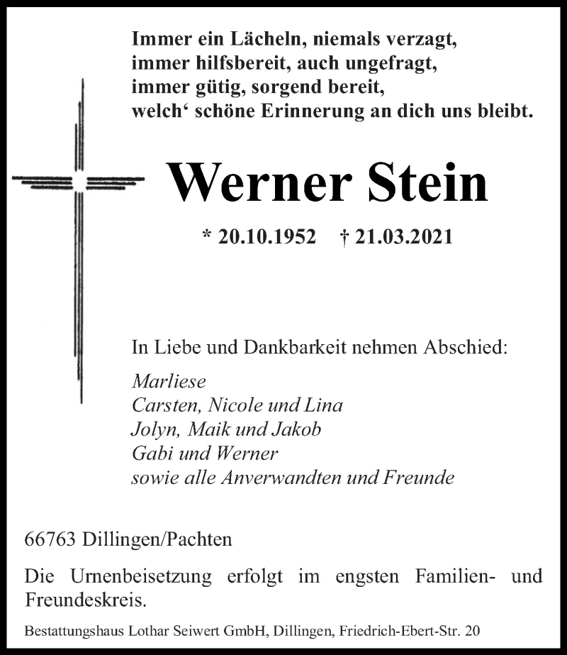  Traueranzeige für Werner Stein vom 27.03.2021 aus saarbruecker_zeitung
