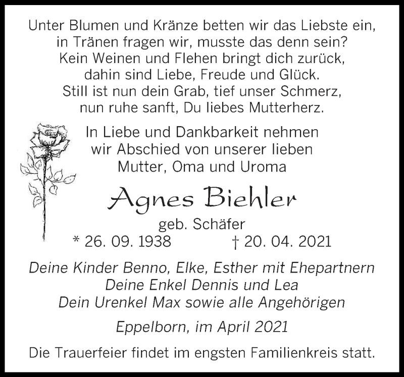  Traueranzeige für Agnes Biehler vom 24.04.2021 aus saarbruecker_zeitung