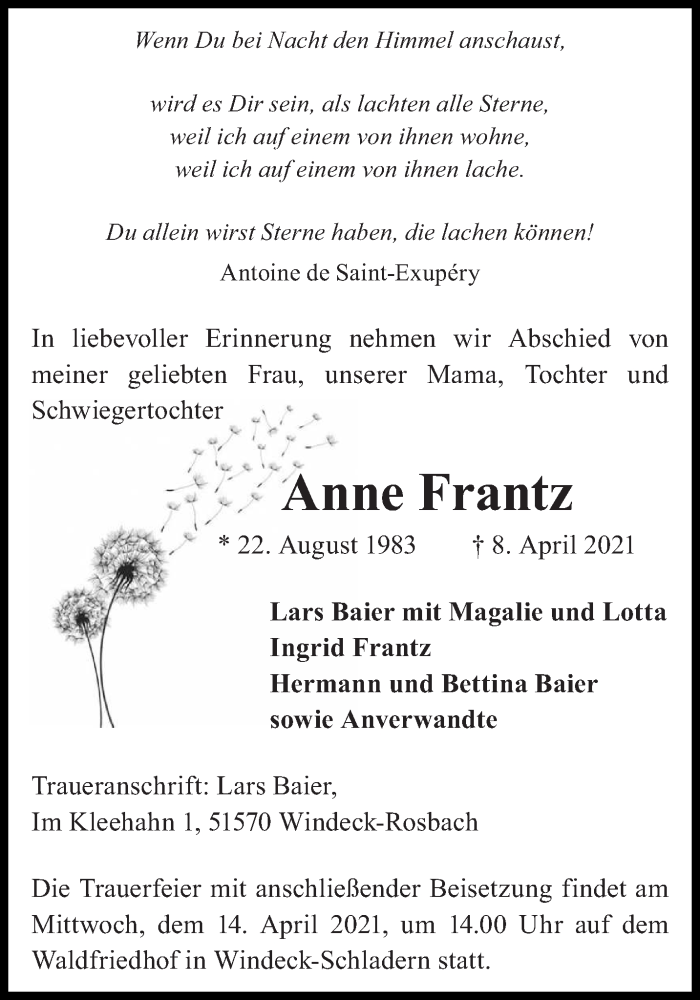  Traueranzeige für Anne Frantz vom 10.04.2021 aus saarbruecker_zeitung