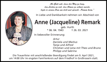 Traueranzeige von Anne Remark von saarbruecker_zeitung