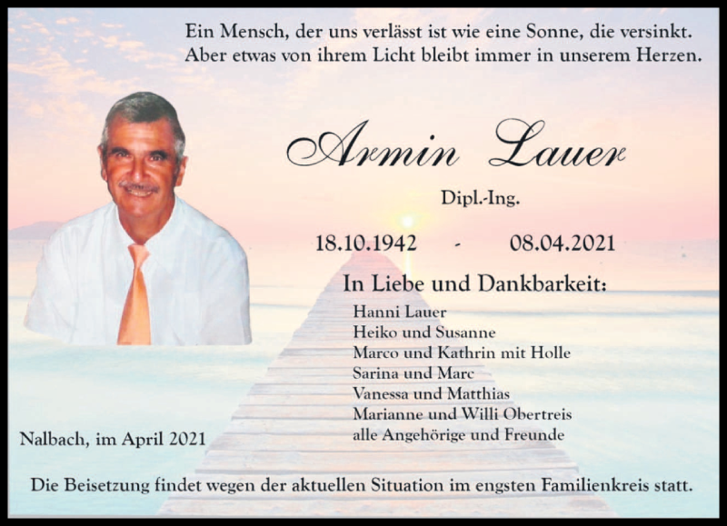  Traueranzeige für Armin Lauer vom 17.04.2021 aus saarbruecker_zeitung