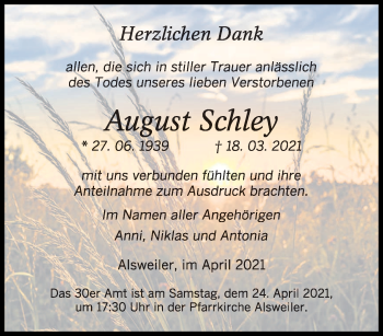 Traueranzeige von August Schley von saarbruecker_zeitung