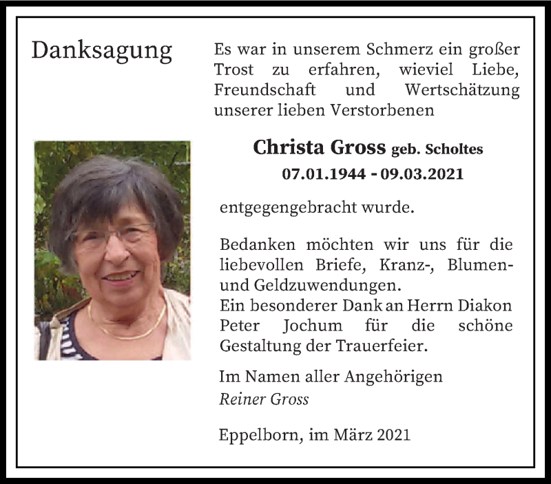  Traueranzeige für Christa Gross vom 21.04.2021 aus saarbruecker_zeitung
