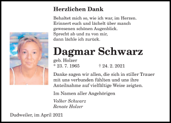 Traueranzeige von Dagmar Schwarz von saarbruecker_zeitung