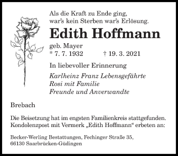 Traueranzeige von Edith Hoffmann von saarbruecker_zeitung