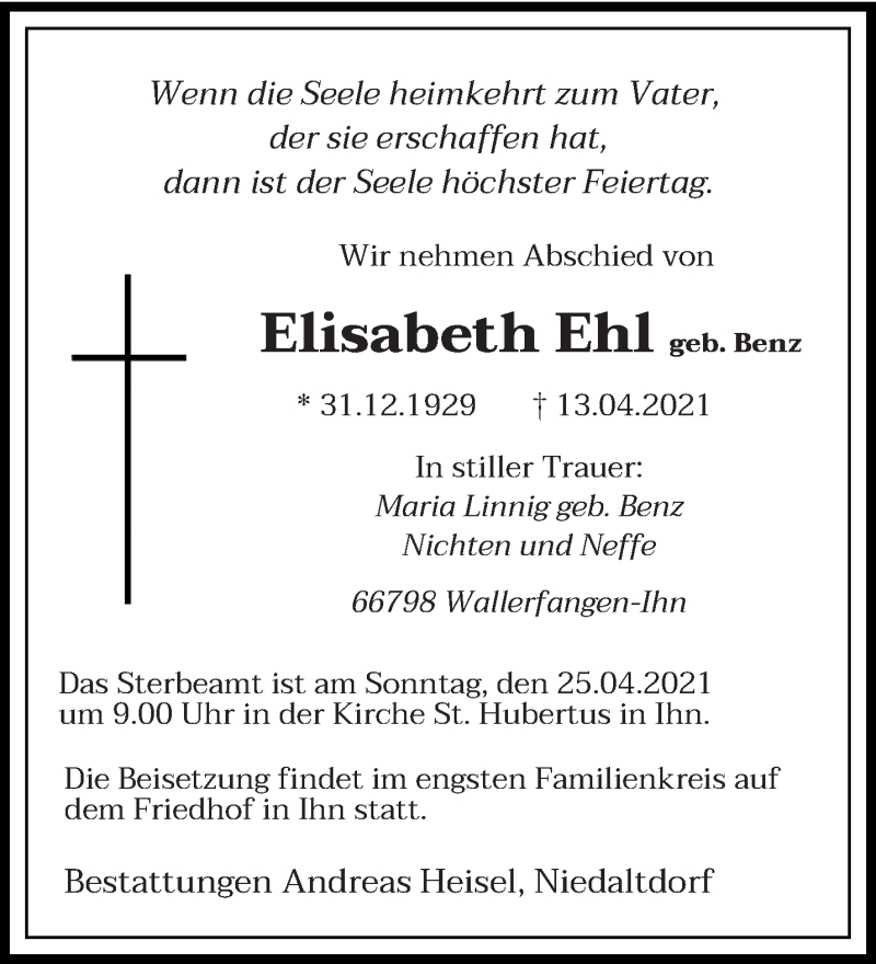  Traueranzeige für Elisabeth Ehl vom 21.04.2021 aus saarbruecker_zeitung