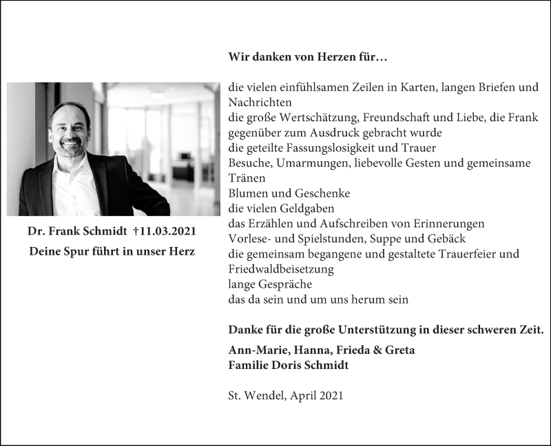  Traueranzeige für Dr. Frank Schmidt vom 24.04.2021 aus saarbruecker_zeitung