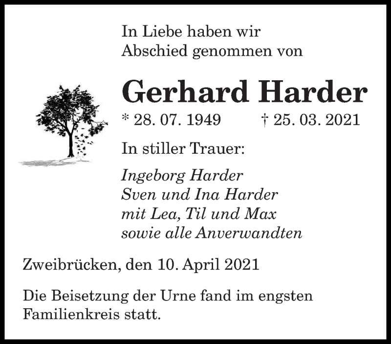  Traueranzeige für Gerhard Harder vom 10.04.2021 aus saarbruecker_zeitung