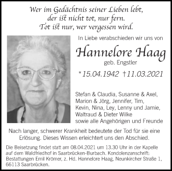 Traueranzeige von Hannelore Haag von saarbruecker_zeitung