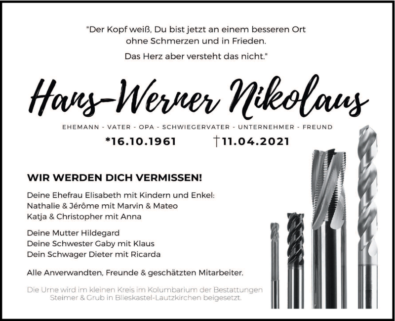  Traueranzeige für Hans-Werner Nikolaus vom 16.04.2021 aus saarbruecker_zeitung