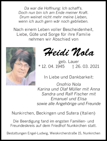 Traueranzeige von Heidi Nola von saarbruecker_zeitung